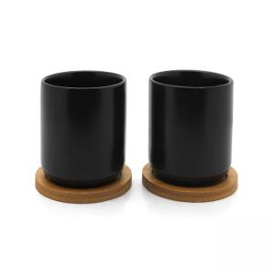 BREDEMEIJER Сет от 2 бр. керамични чаши за чай с бамбукови подложки “Umea“ - черни - 200 мл.