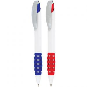 Бяла химикалка с цветен релеф в основата