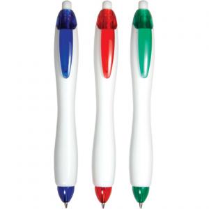 Бяла пластмасова химикалка с цветни части