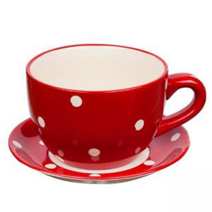 Саксия чаена чаша с чинийка - червена на точки