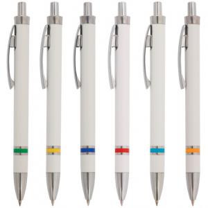 Бяла пластмасова химикалка с цветни пръстени