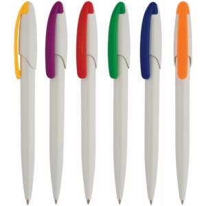 Бяла химикалка с цветен клипс
