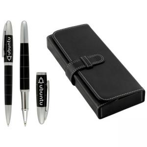 Метална химикалка и ролер в кожена кутия