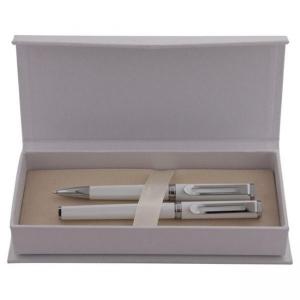 Метална химикалка и ролер в картонена кутия