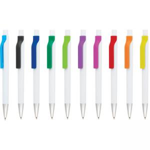 Бяла пластмасова химикалка с цветен клипс