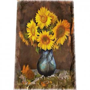 Картина върху врачански камък - 13x18 см - слънчогледи във ваза