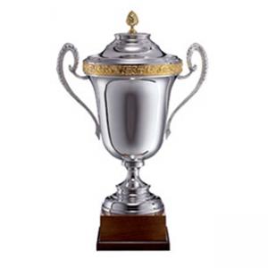 Луксозна спортна купа, сребърно покритие със златен елемент - височина 55 см