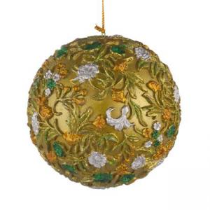 Играчка за елха - топче с флорални мотиви, златен цвят