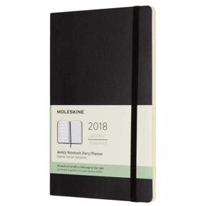Голям черен седмичен тефтер - органайзер Moleskine Black Large за 2018 г. с меки корици