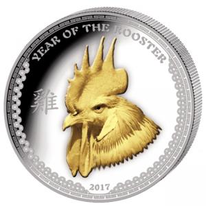 Сребърна монета Годината на Петела 2017, 1 унция, с част златно покритие