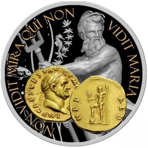 Сребърна монета Нептун, Богът на океаните и водите, с частично позлатяване