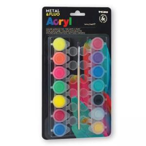 Акрилни бои 14 цв.(4 fluo + 7 metal + 3 стандартни)х 4.5 мл в бурканчета + четка, блистер Акрилни бои 14 цв.(4 fluo + 7 metal + 3 стандартни)х 4.5 мл в бурканчета + четка, блистер