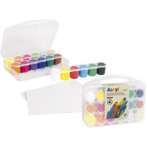 Акрилни бои 18 цв.(12+4 неон+злато+сребро)х 25 мл, в куфарче + 2 платна за рисуване