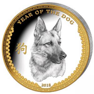 Сребърна монета Годината на Кучето 2018 - 1 унция, с частично златно покритие