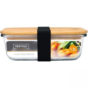 Nerthus Стъклена кутия за храна с херметическо затваряне и бамбуков капак - 1,5 л.