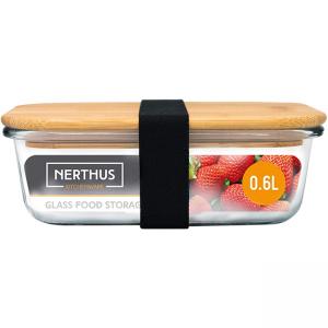 Nerthus Стъклена кутия за храна с херметическо затваряне и бамбуков капак - 600 мл.