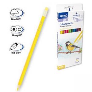 Моливи 12 цв. woodfree, шестоъгълни с гумичка, Ø 3 мм графит Моливи 12 цв. woodfree, шестоъгълни с гумичка, Ø 3 мм графит