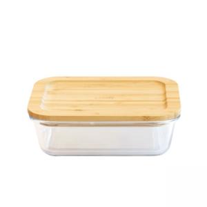 PEBBLY Правоъгълен стъклен канистер за съхранение с бамбуков капак - 640 мл.