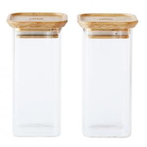 PEBBLY Сет от 2 бр. квадратни стъклени канистери с бамбукови капаци размер S - 320 мл